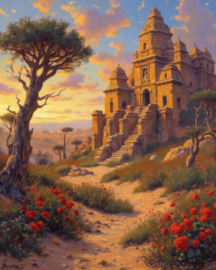 Architectural structures rising from dreamscape with impossible geometry