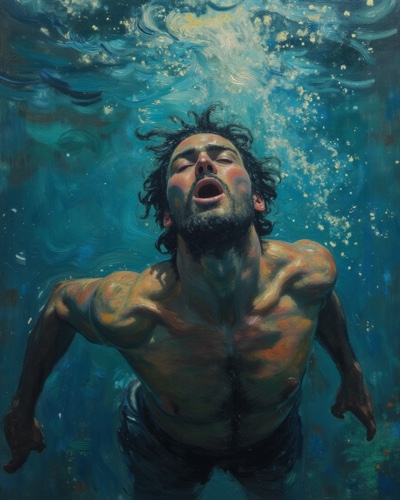 Person underwater reaching toward light above the surface