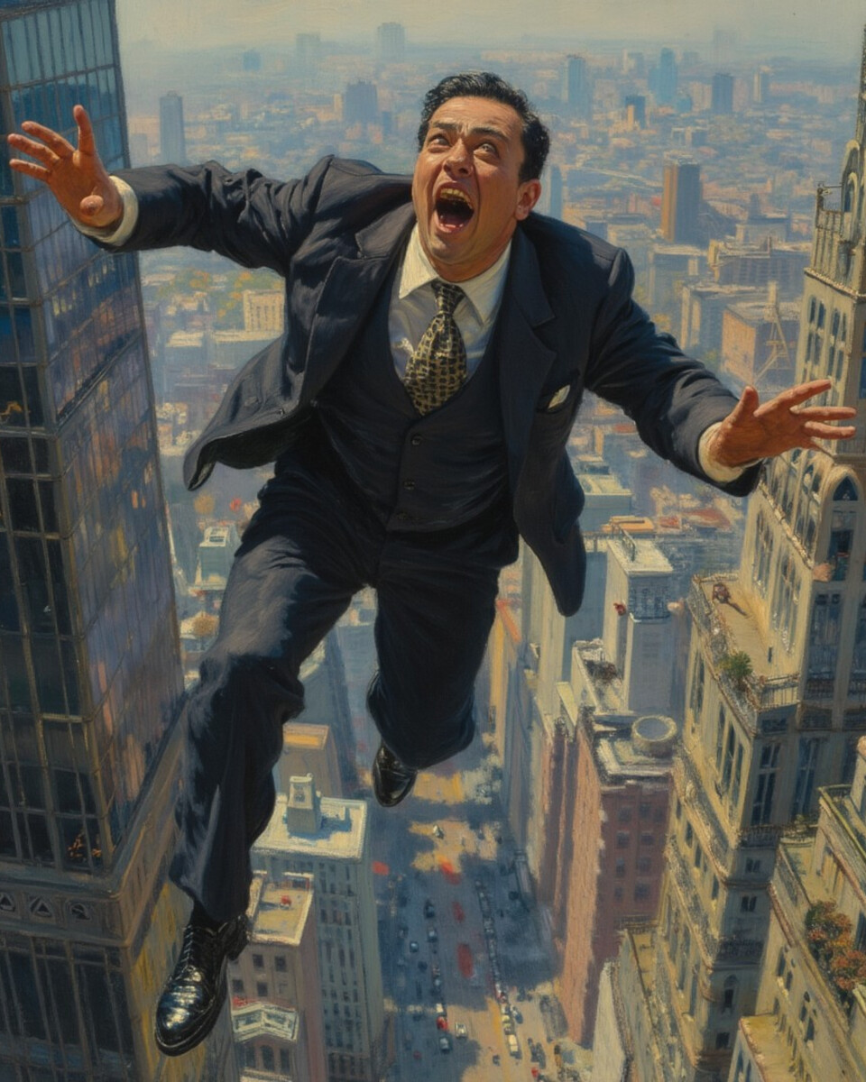 Person falling through clouds in an endless sky