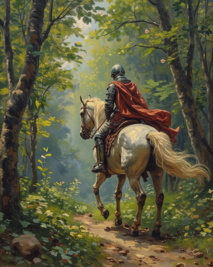 Hero embarking on transformative quest through mysterious landscape