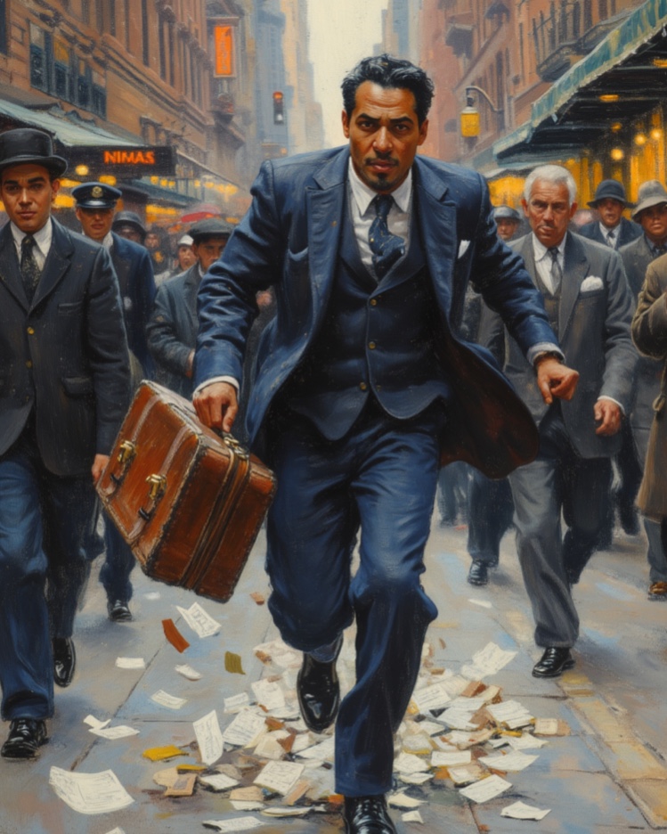 Person rushing with clock faces in background