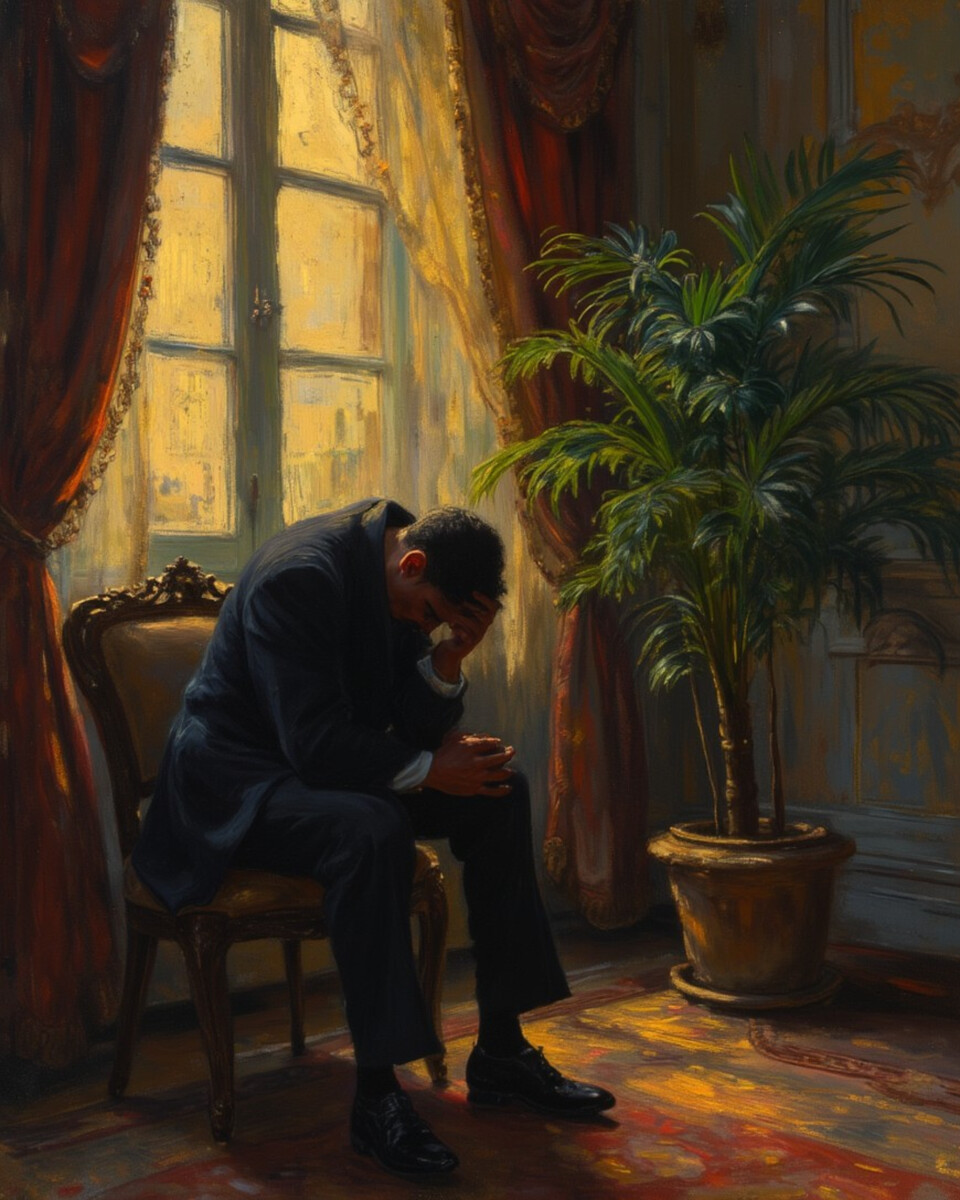 Solitary figure by water at twilight with fading light