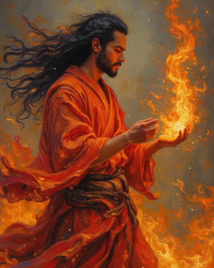 Swirling elements of water, fire, earth and air merging in dreamscape