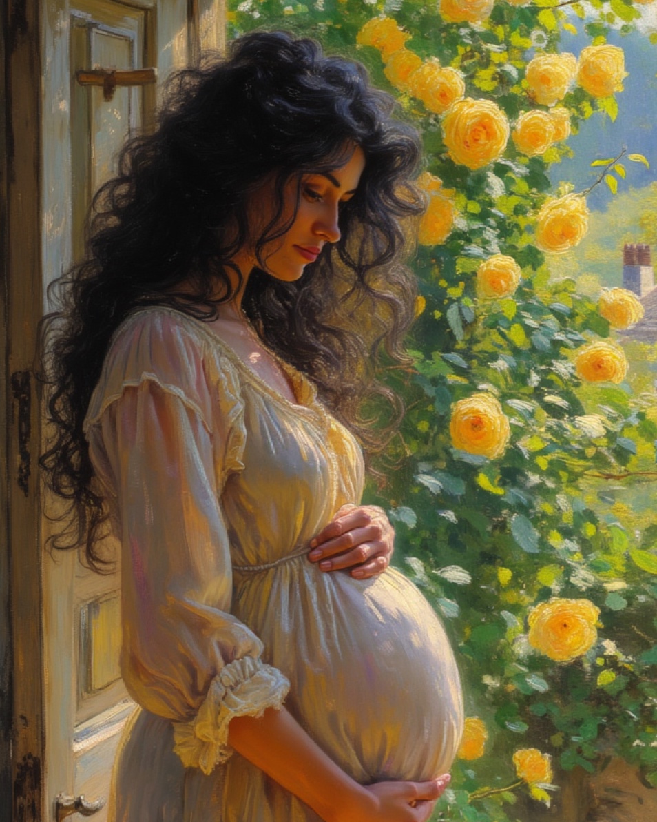 Silhouette of pregnant figure with glowing light representing new life