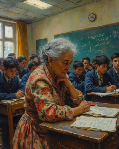 Empty school hallway with lockers and classroom doors stretching into distance