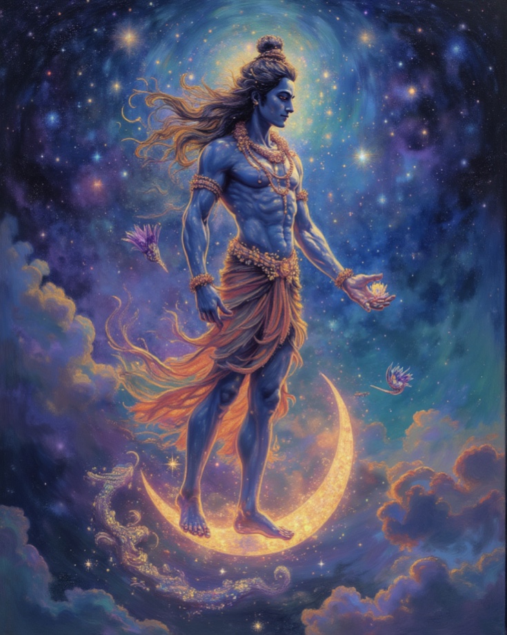 Figure dissolving into light with stars and cosmic patterns