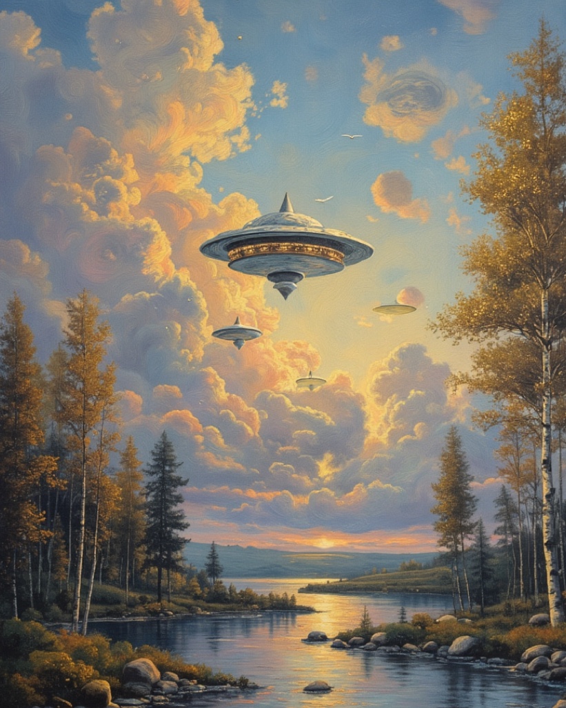 Ghostly ethereal figures and mystical phenomena in otherworldly dreamscape